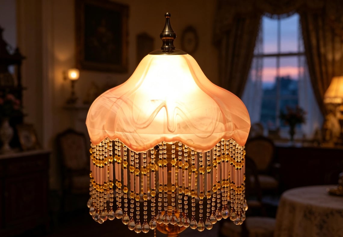 Vintage Pink Glass Tassel Table Lamp, Crystal Beaded Bedside Light