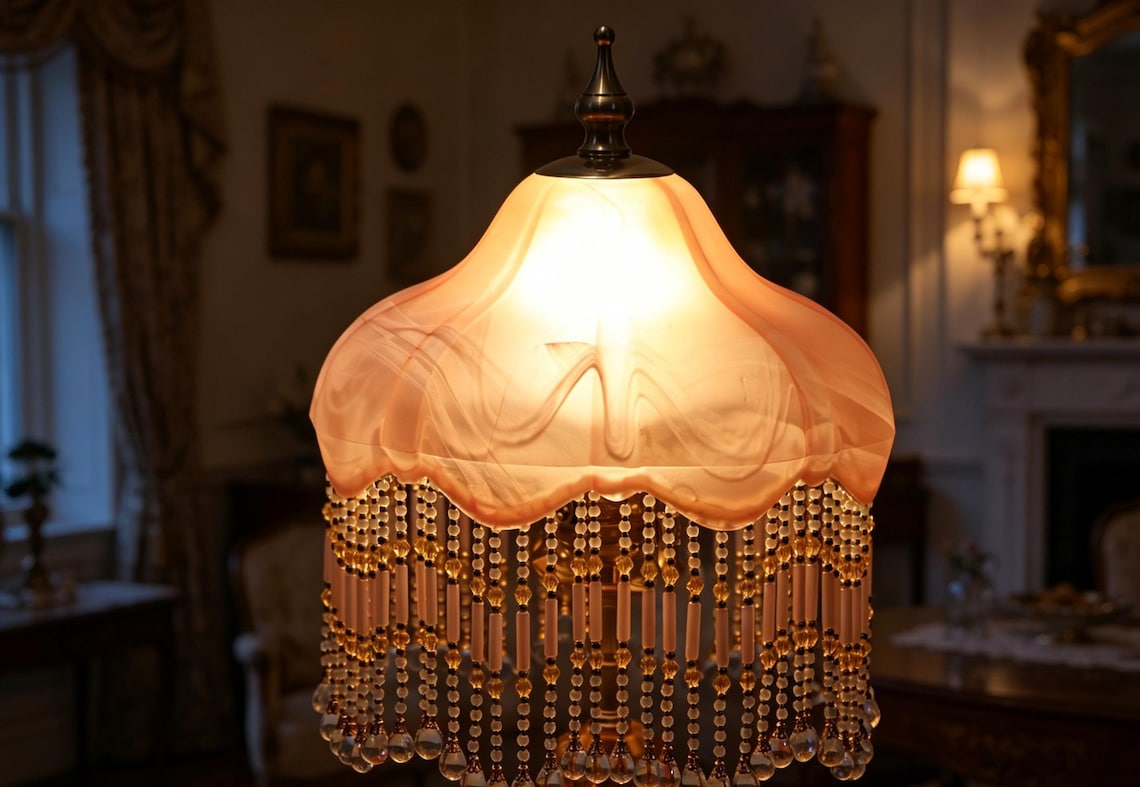 Vintage Pink Glass Tassel Table Lamp, Crystal Beaded Bedside Light
