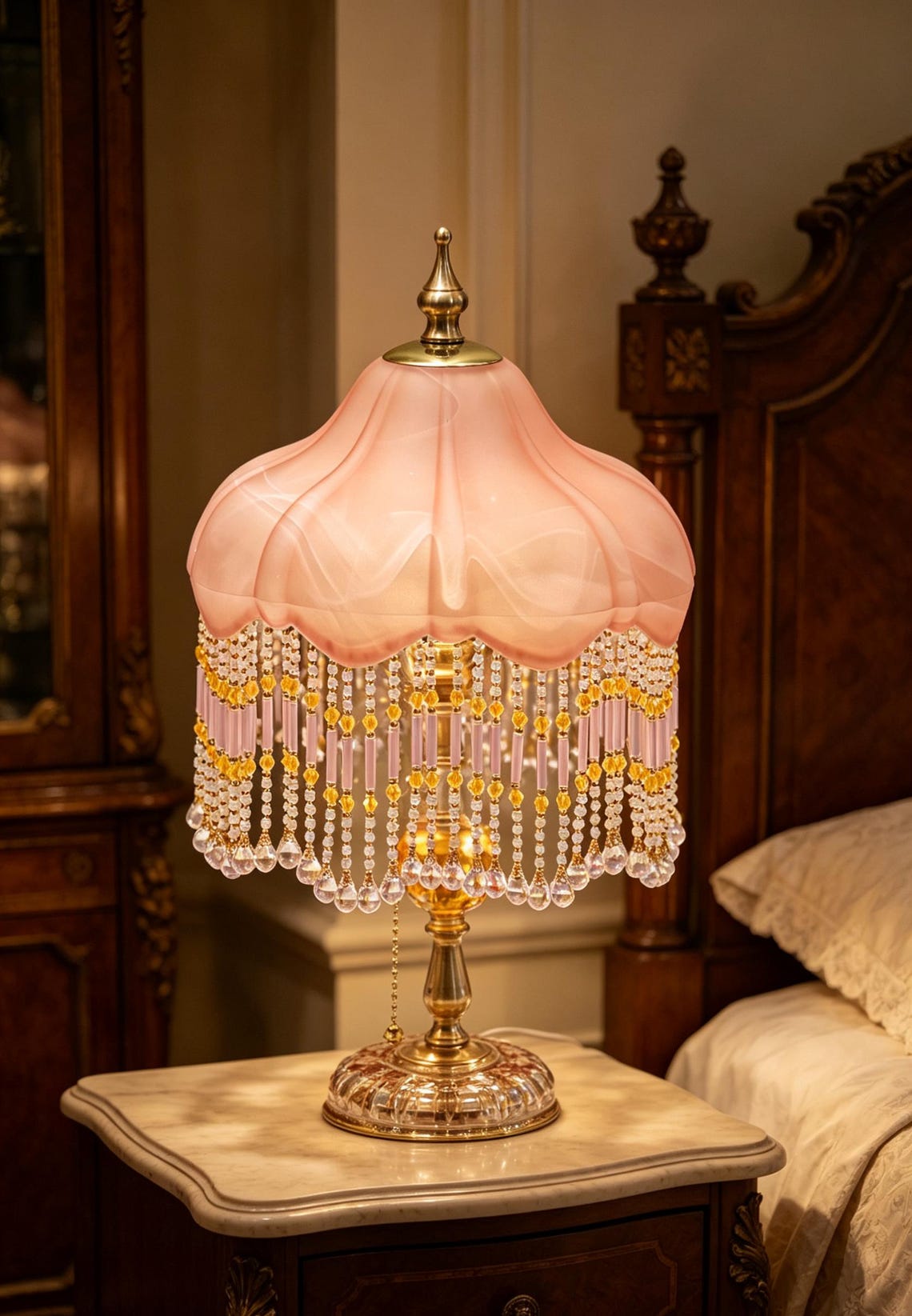 Vintage Pink Glass Tassel Table Lamp, Crystal Beaded Bedside Light