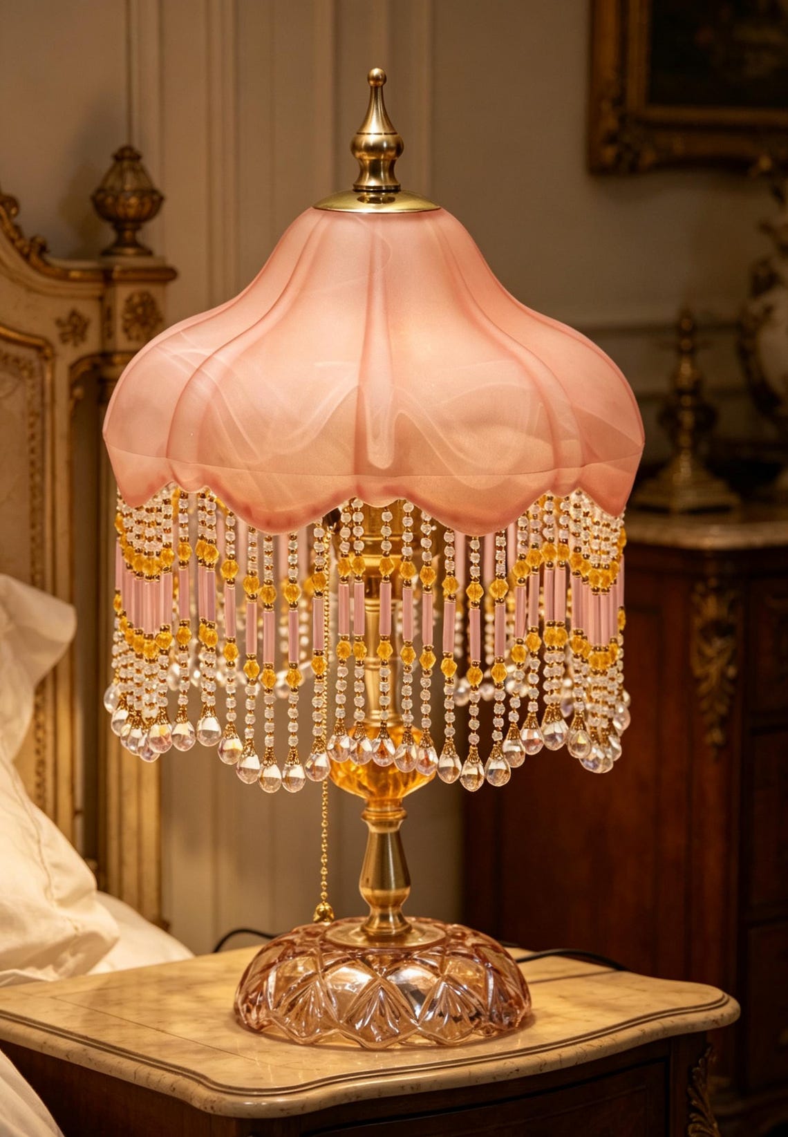 Vintage Pink Glass Tassel Table Lamp, Crystal Beaded Bedside Light