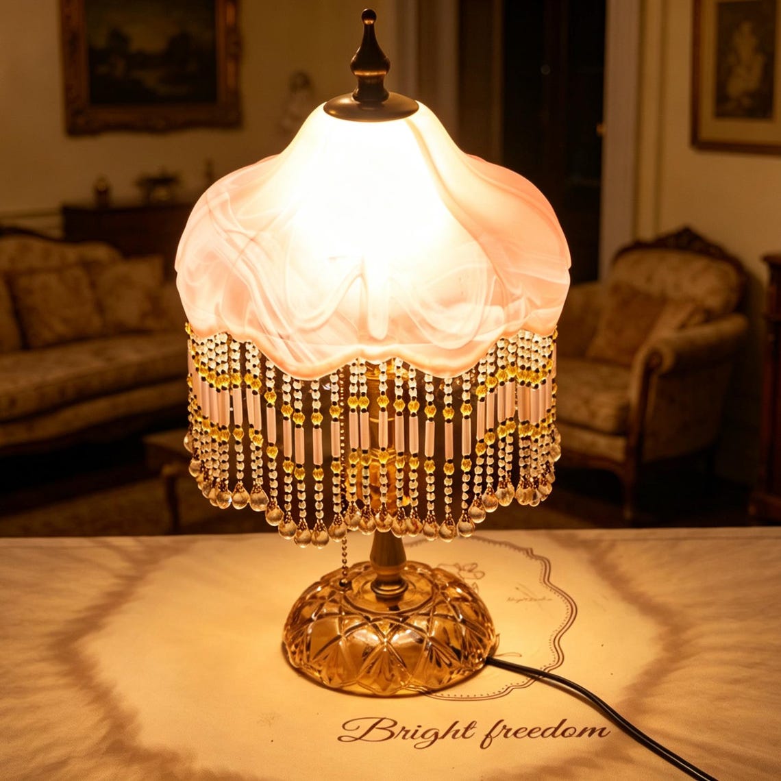 Vintage Pink Glass Tassel Table Lamp, Crystal Beaded Bedside Light