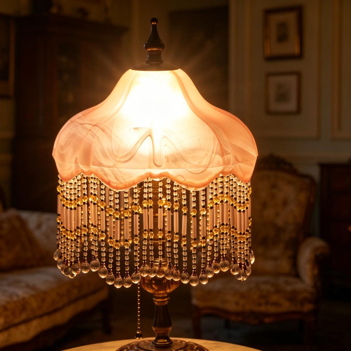 Vintage Pink Glass Tassel Table Lamp, Crystal Beaded Bedside Light