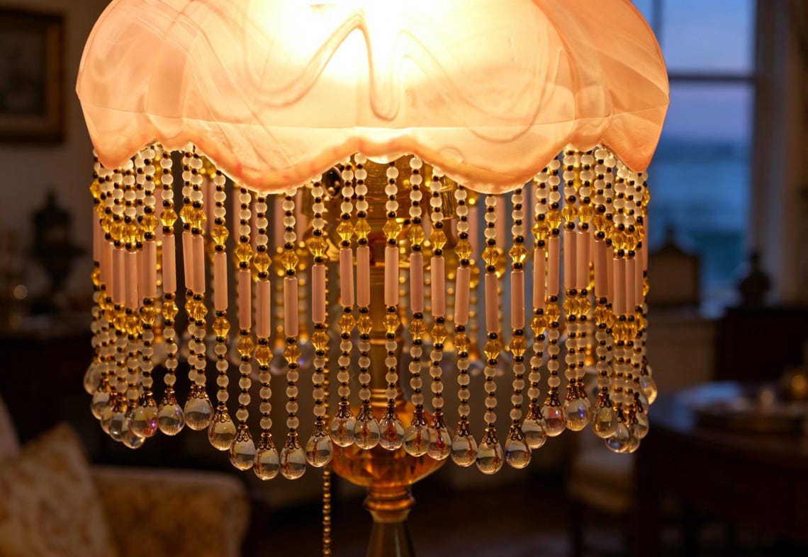 Vintage Pink Glass Tassel Table Lamp, Crystal Beaded Bedside Light