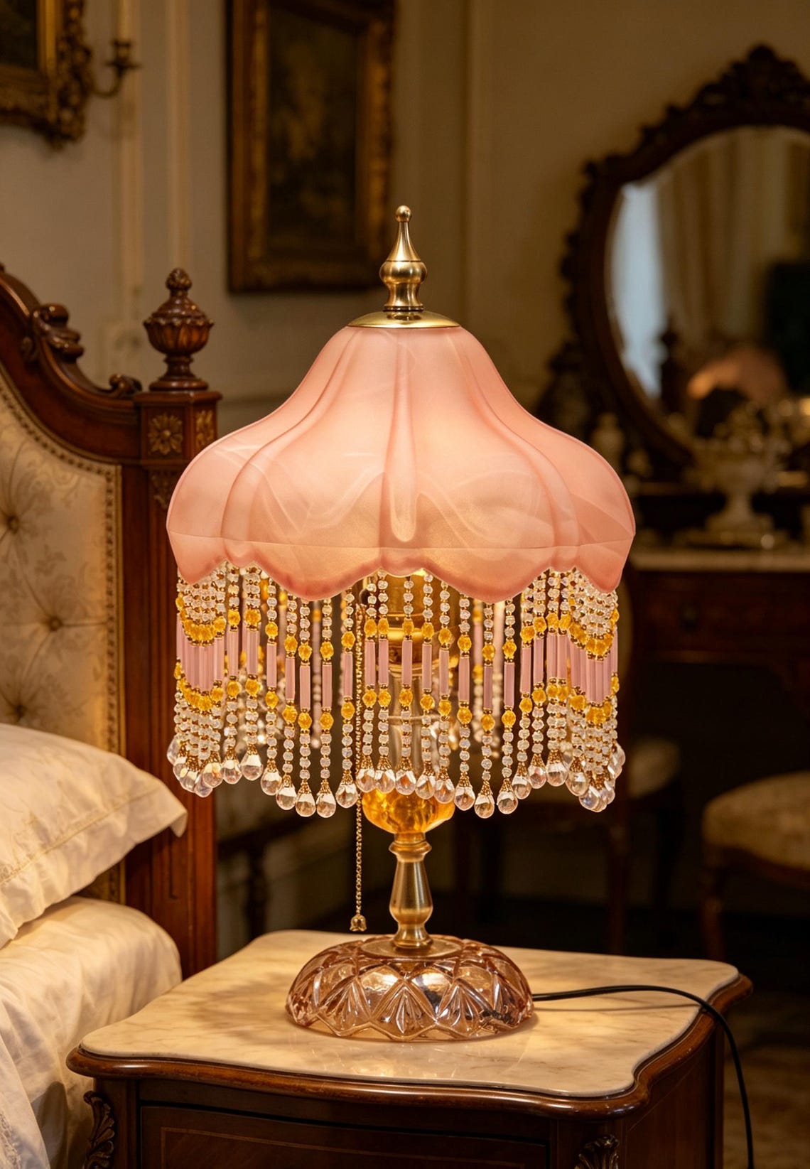Vintage Pink Glass Tassel Table Lamp, Crystal Beaded Bedside Light