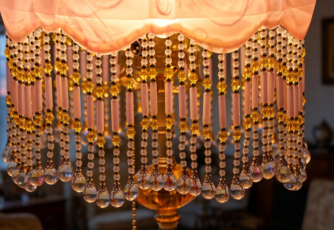 Vintage Pink Glass Tassel Table Lamp, Crystal Beaded Bedside Light