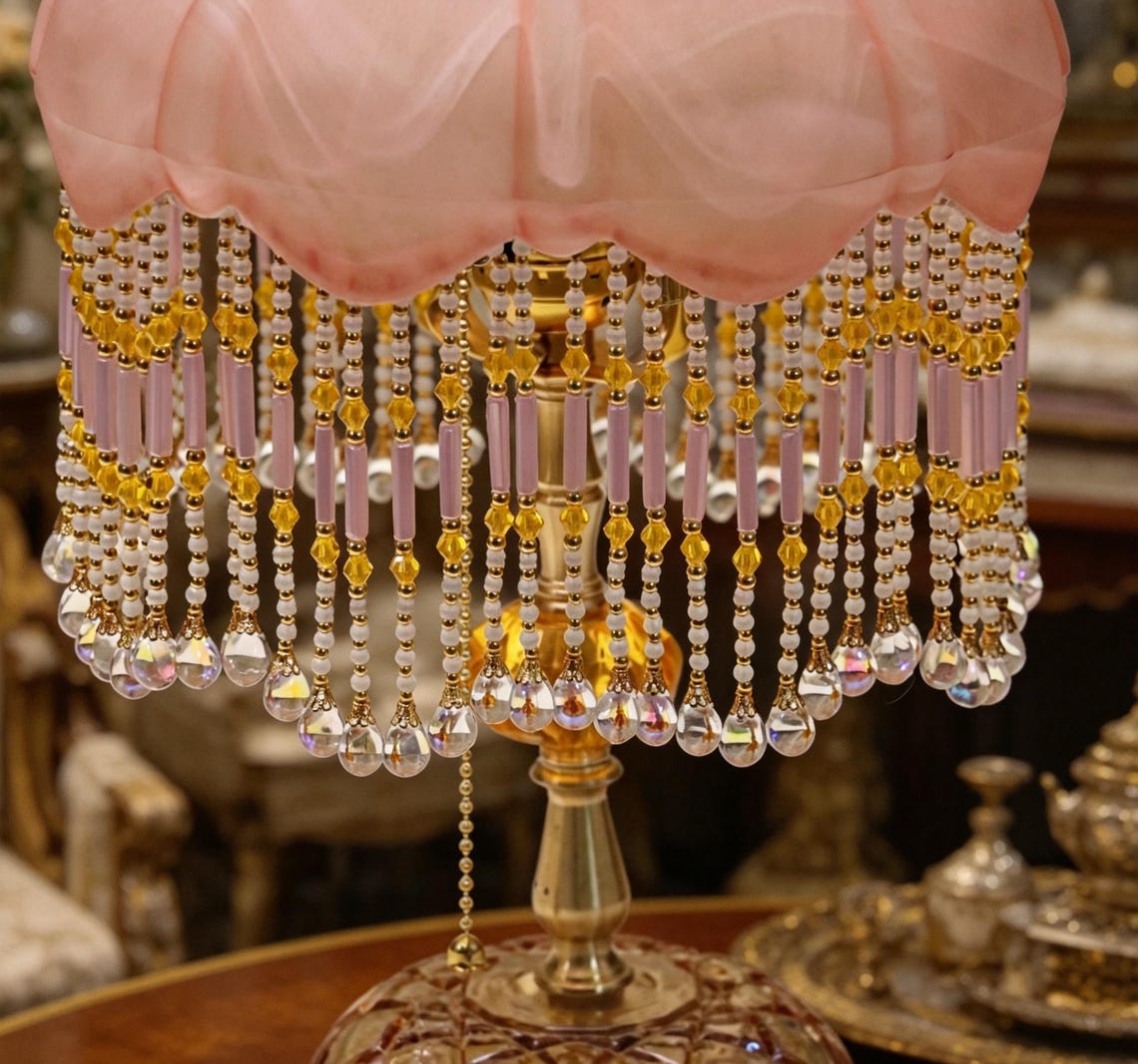 Vintage Pink Glass Tassel Table Lamp, Crystal Beaded Bedside Light