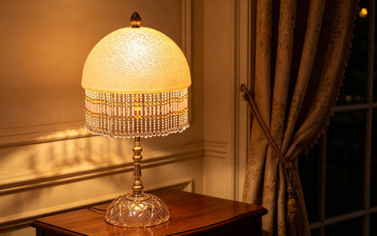 Vintage crackled glass table lamp, handcrafted crystal bead pendant table lamp, vintage art decorative glass brass bedside lamp, gift