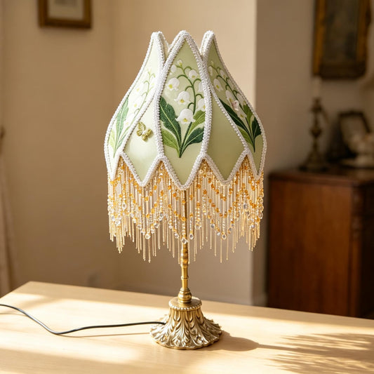 A vintage lily of the valley floor lamp, adorned with beaded tassels, a Victorian-style floor lamp, perfect for home décor.