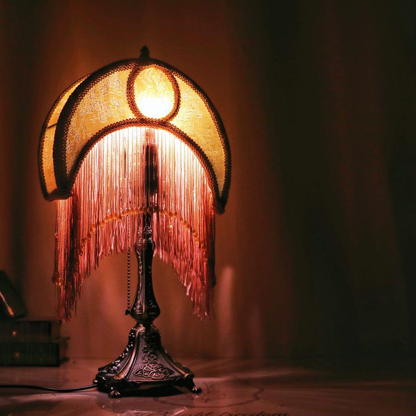 Handmade Retro Moon Table Lamp: Rose & Tassel Accent
