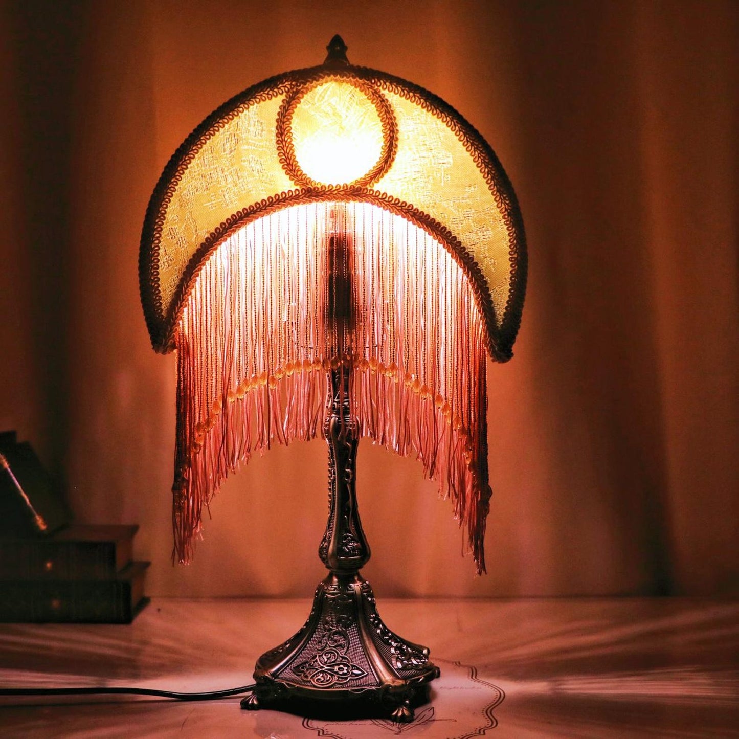 Handmade Retro Moon Table Lamp: Rose & Tassel Accent