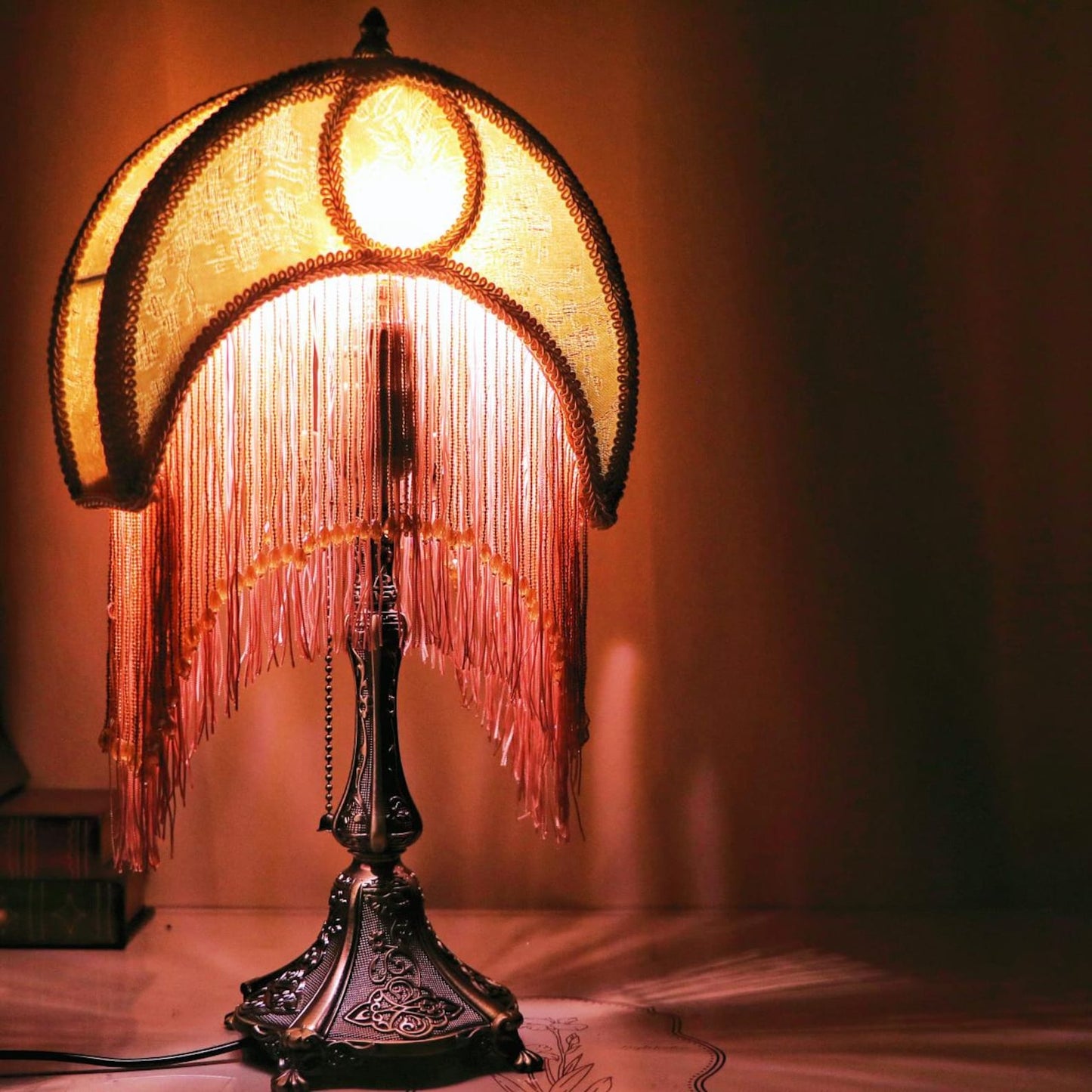 Handmade Retro Moon Table Lamp: Rose & Tassel Accent