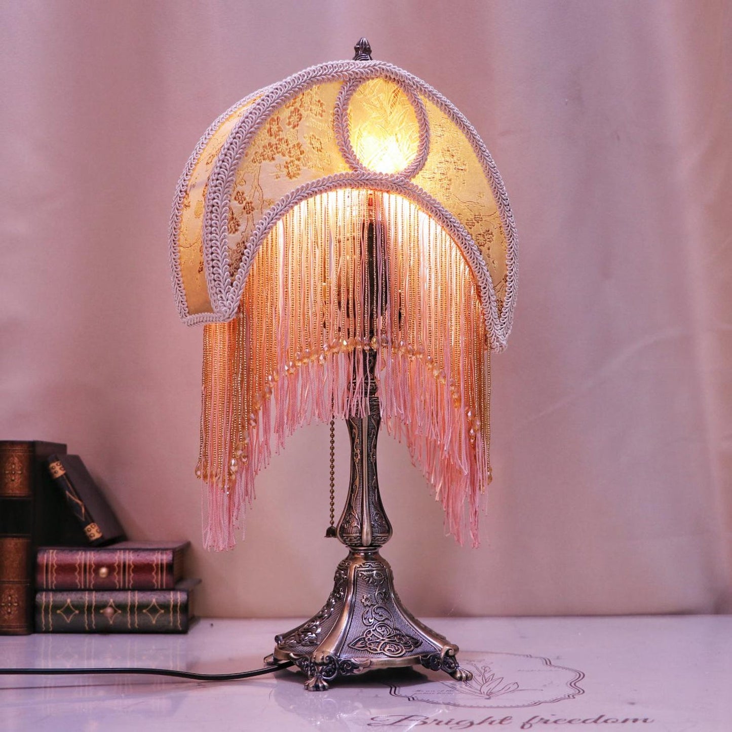 Handmade Retro Moon Table Lamp: Rose & Tassel Accent