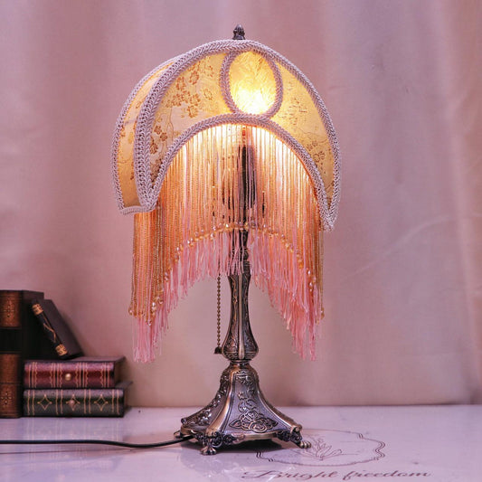Handmade Retro Moon Table Lamp: Rose & Tassel Accent