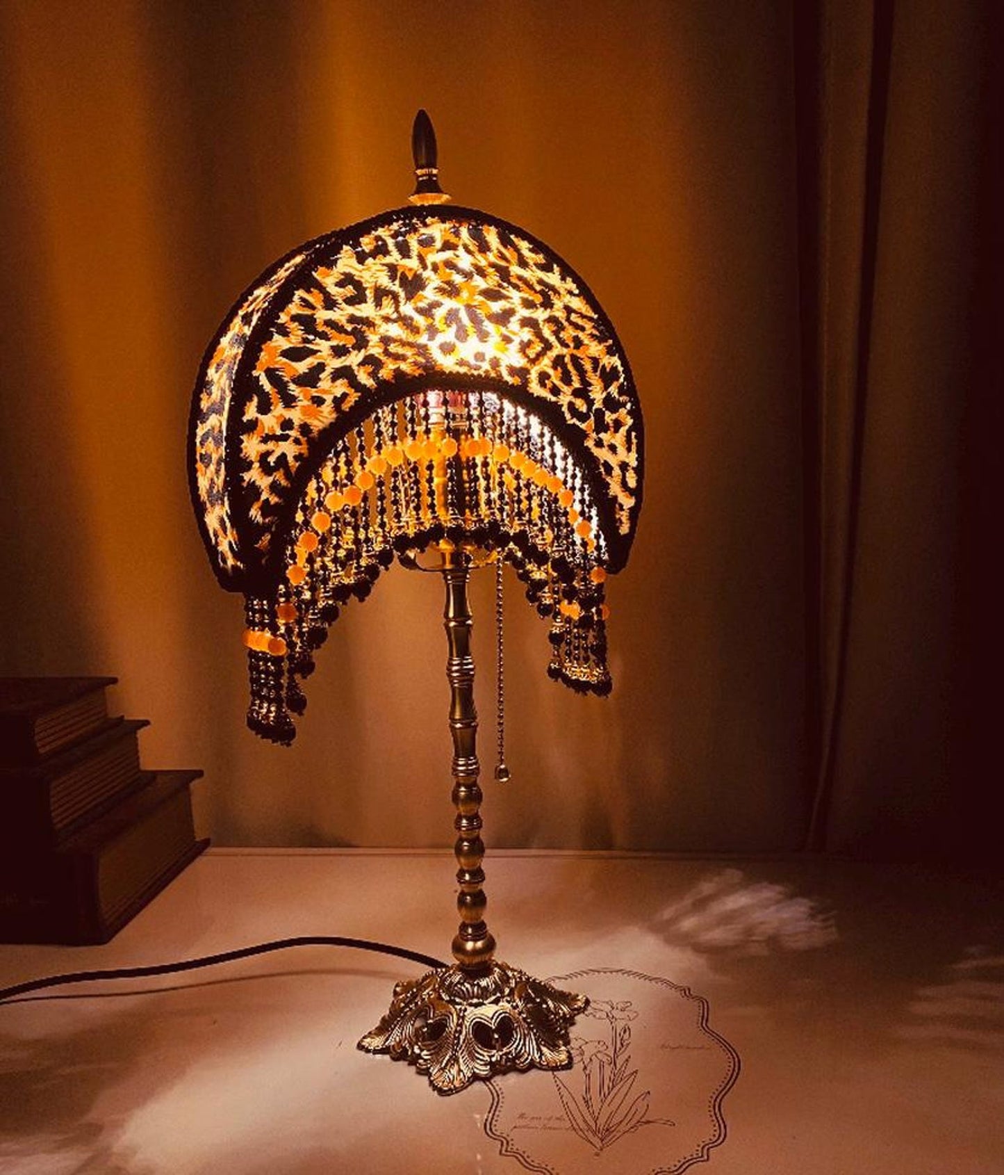 Handmade Leopard Print Moon Lamp  Brass Base Agate Tassel