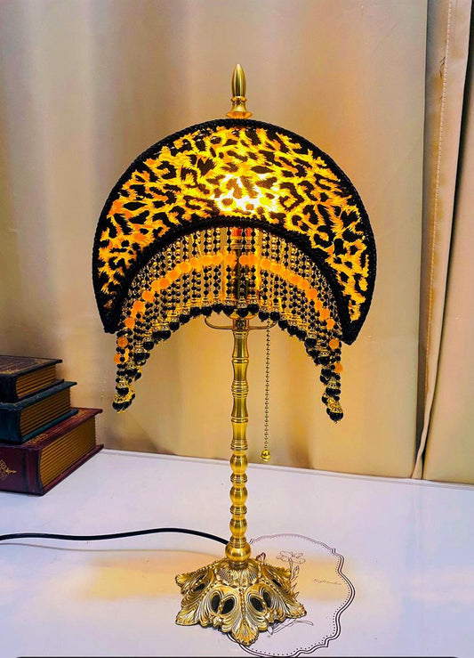 Handmade Leopard Print Moon Lamp  Brass Base Agate Tassel