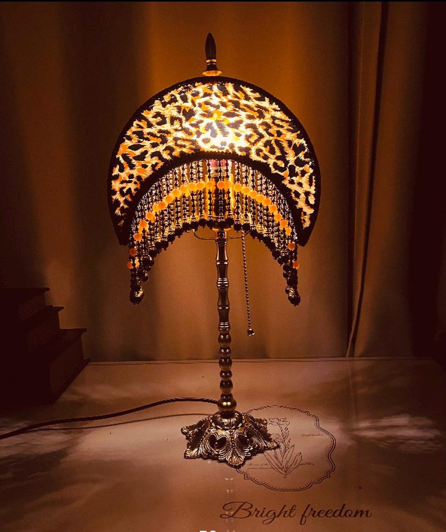 Handmade Leopard Print Moon Lamp  Brass Base Agate Tassel