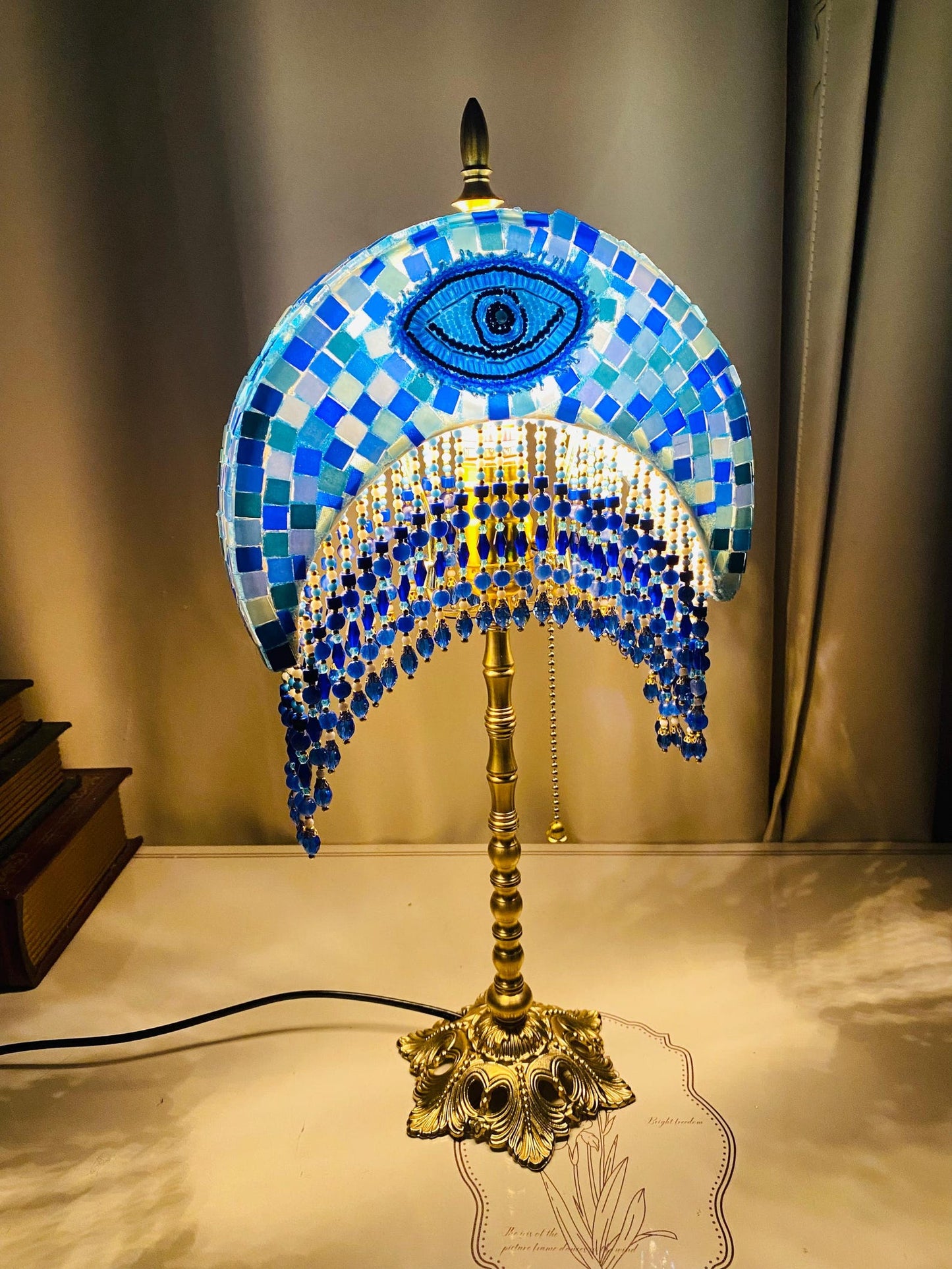 Handmade Mosaic Moon Lamp  Brass Base, Agate Tassel - Turkish Table Lamp