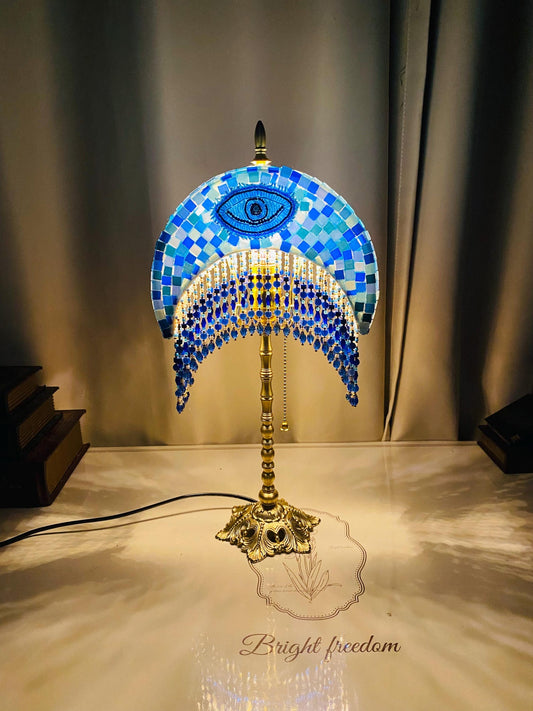 Handmade Mosaic Moon Lamp  Brass Base, Agate Tassel - Turkish Table Lamp