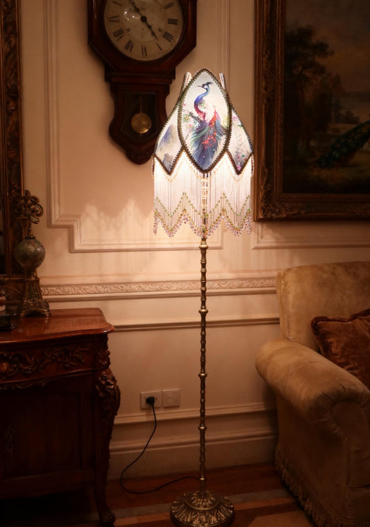 Vintage Peacock Pattern Floor Lamp with Beaded Tassel Shade - Elegant Boho Decorative Standing Lamp for Living Room Bedroom