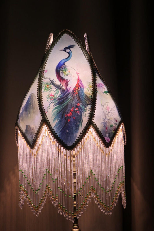 Vintage Peacock Pattern Floor Lamp with Beaded Tassel Shade - Elegant Boho Decorative Standing Lamp for Living Room Bedroom