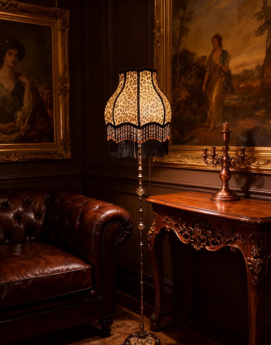 Handmade Leopard Print Floor Lamp Vintage Brass Accent Tassel Lamp