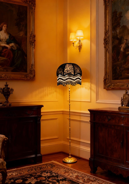 Handmade Black Lace Tassel Floor Lamp – Vintage Gold Stand Decor