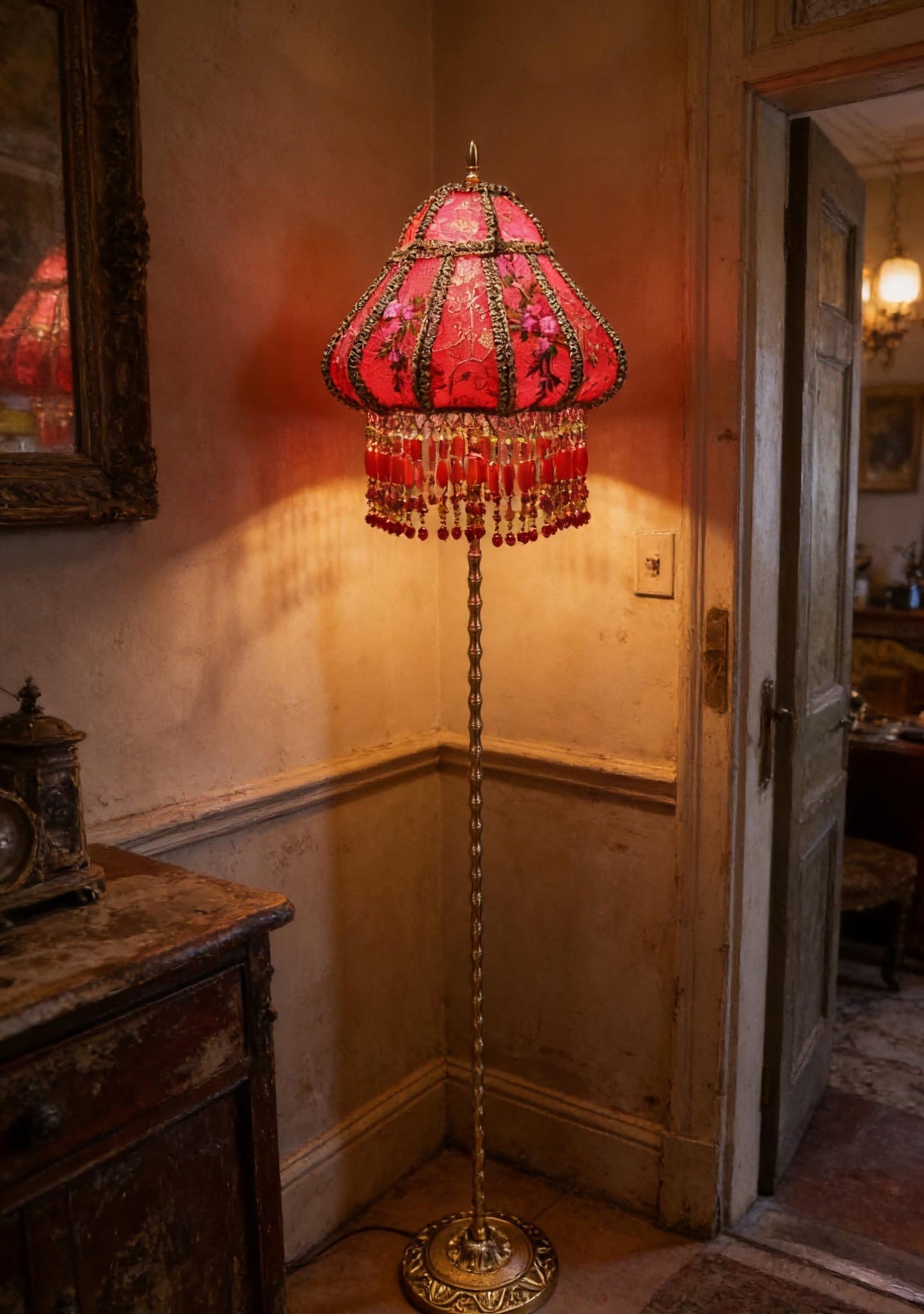 Vintage Red Plum Blossom Embroidered Floor Lamp