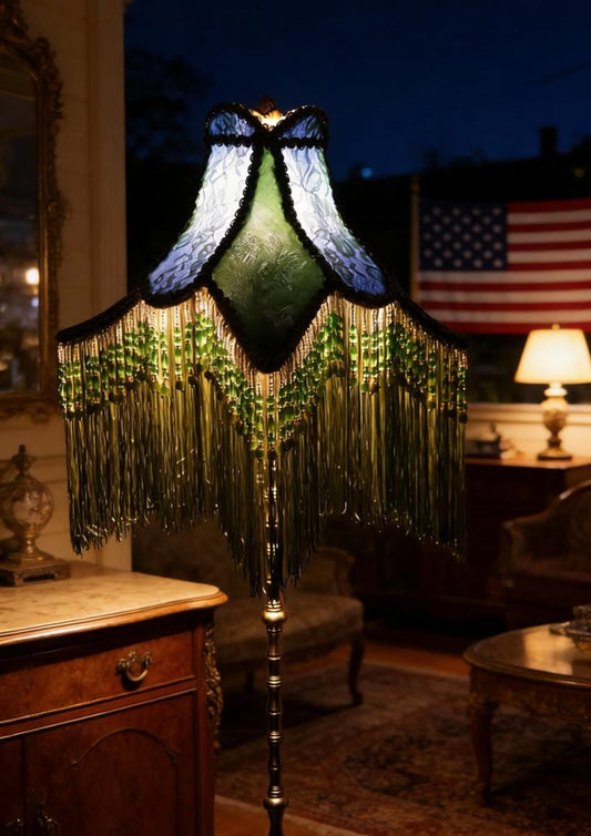 Vintage Victorian Green Beaded Tassel Floor Lamp - Ornate Brass Base