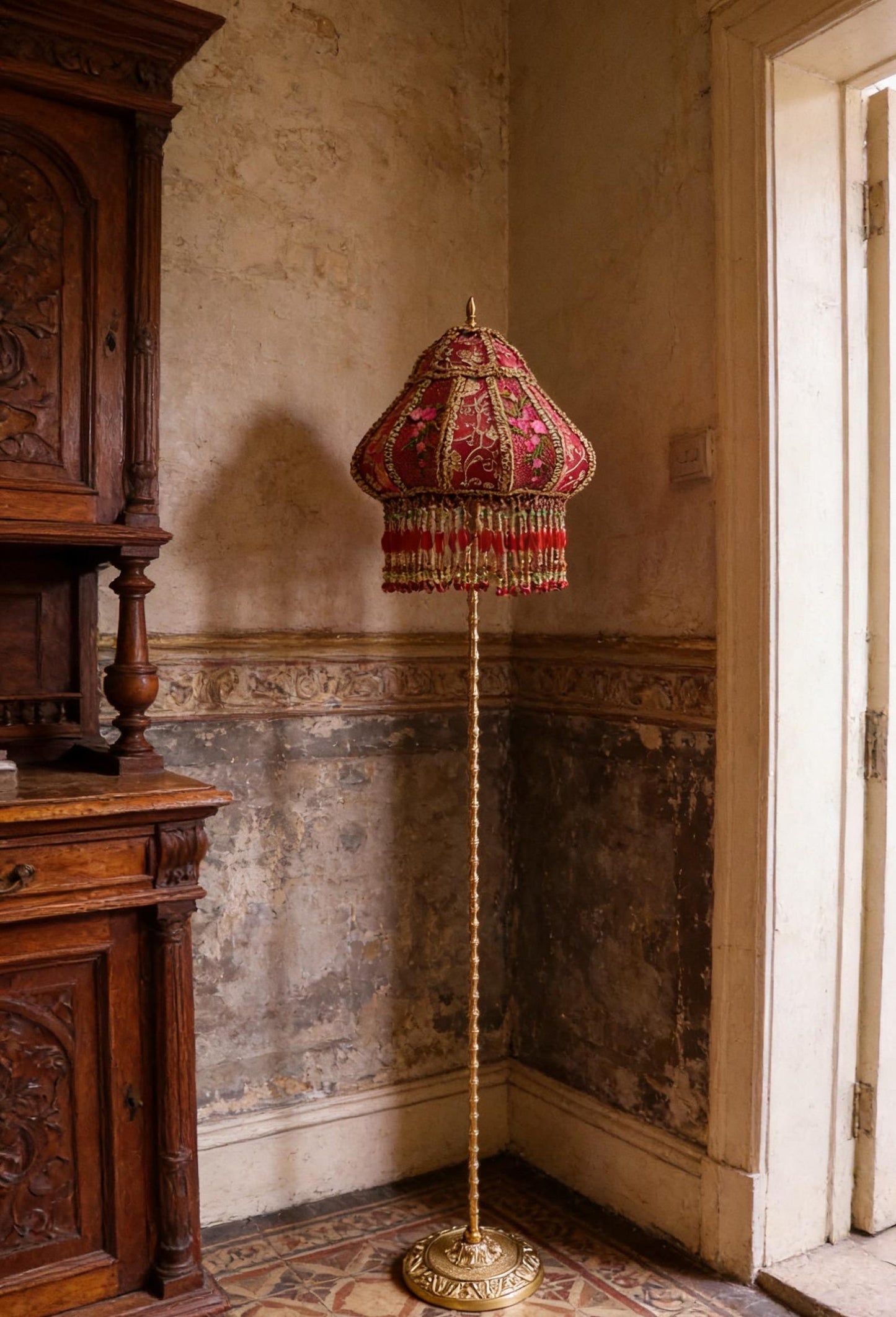 Vintage Red Plum Blossom Embroidered Floor Lamp