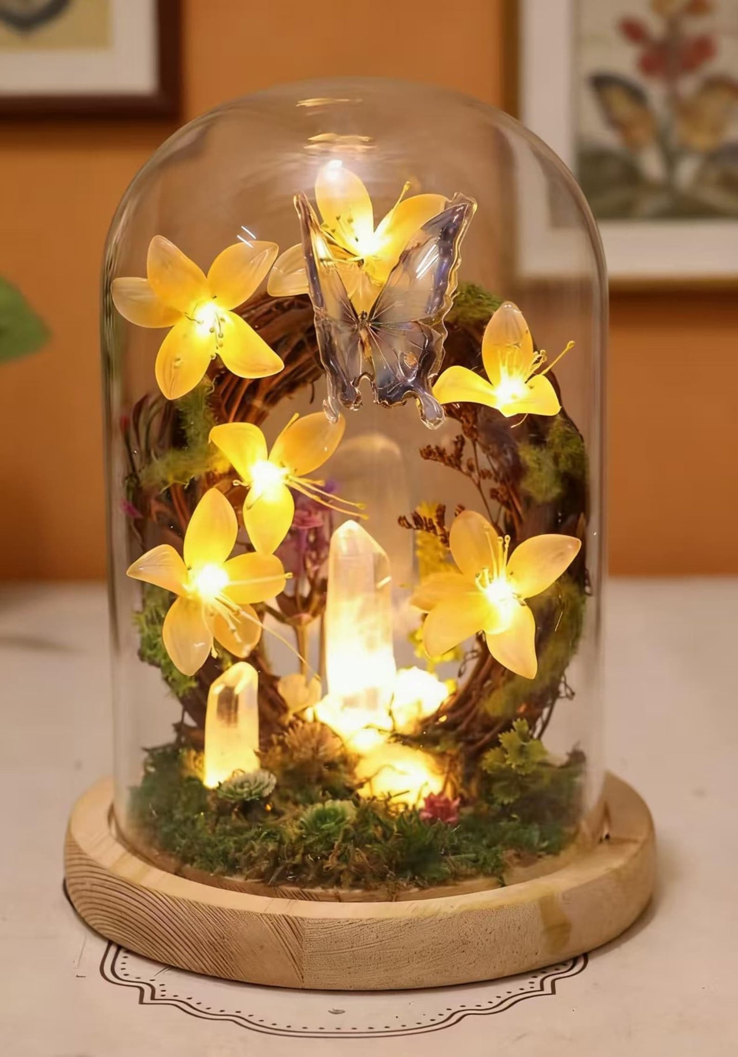 Blue Butterfly Wreath Quartz Crystal Night Light, Flower Moss Forest Bedside Decor Lamp