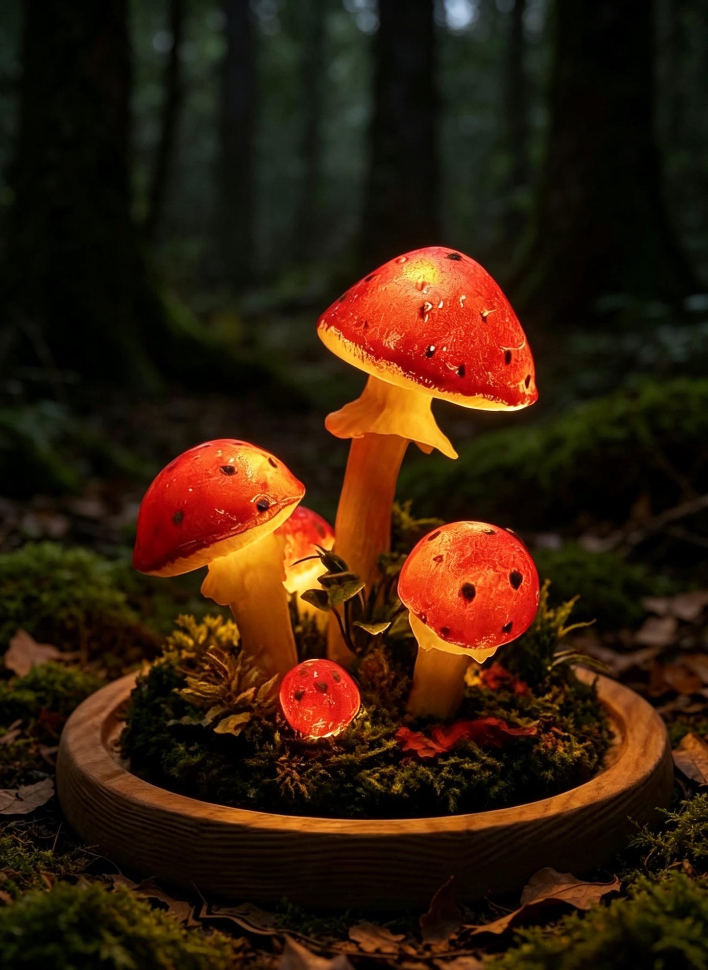Amanita Muscaria Fly Agaric Glass Dome Mushroom Night Light, Moss Bedside Decor Lamp