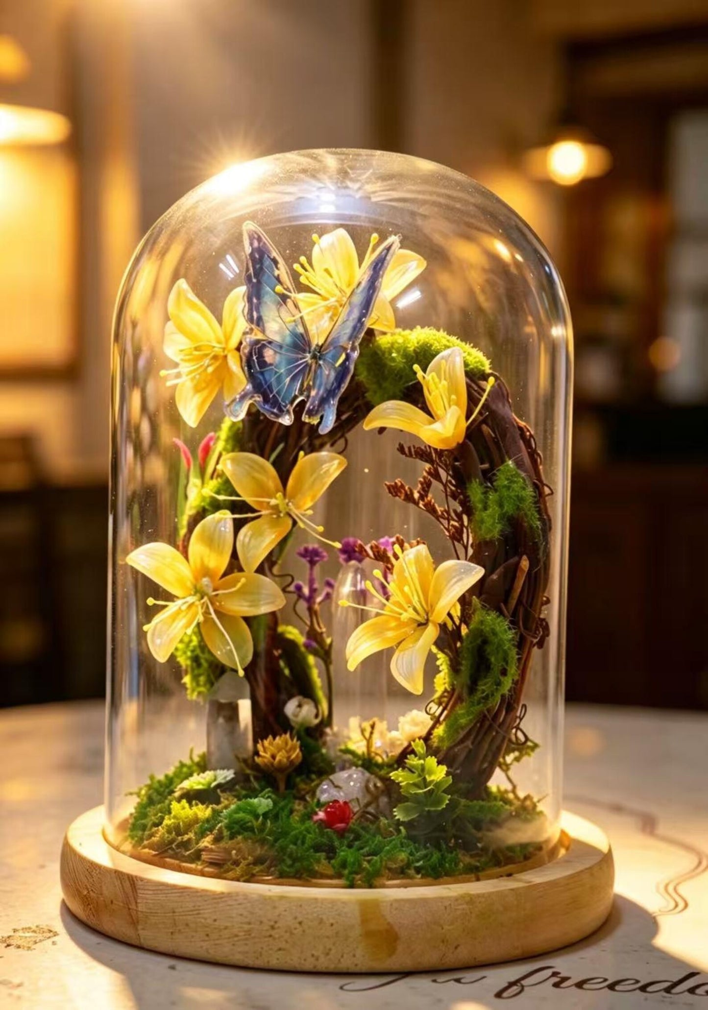 Blue Butterfly Wreath Quartz Crystal Night Light, Flower Moss Forest Bedside Decor Lamp
