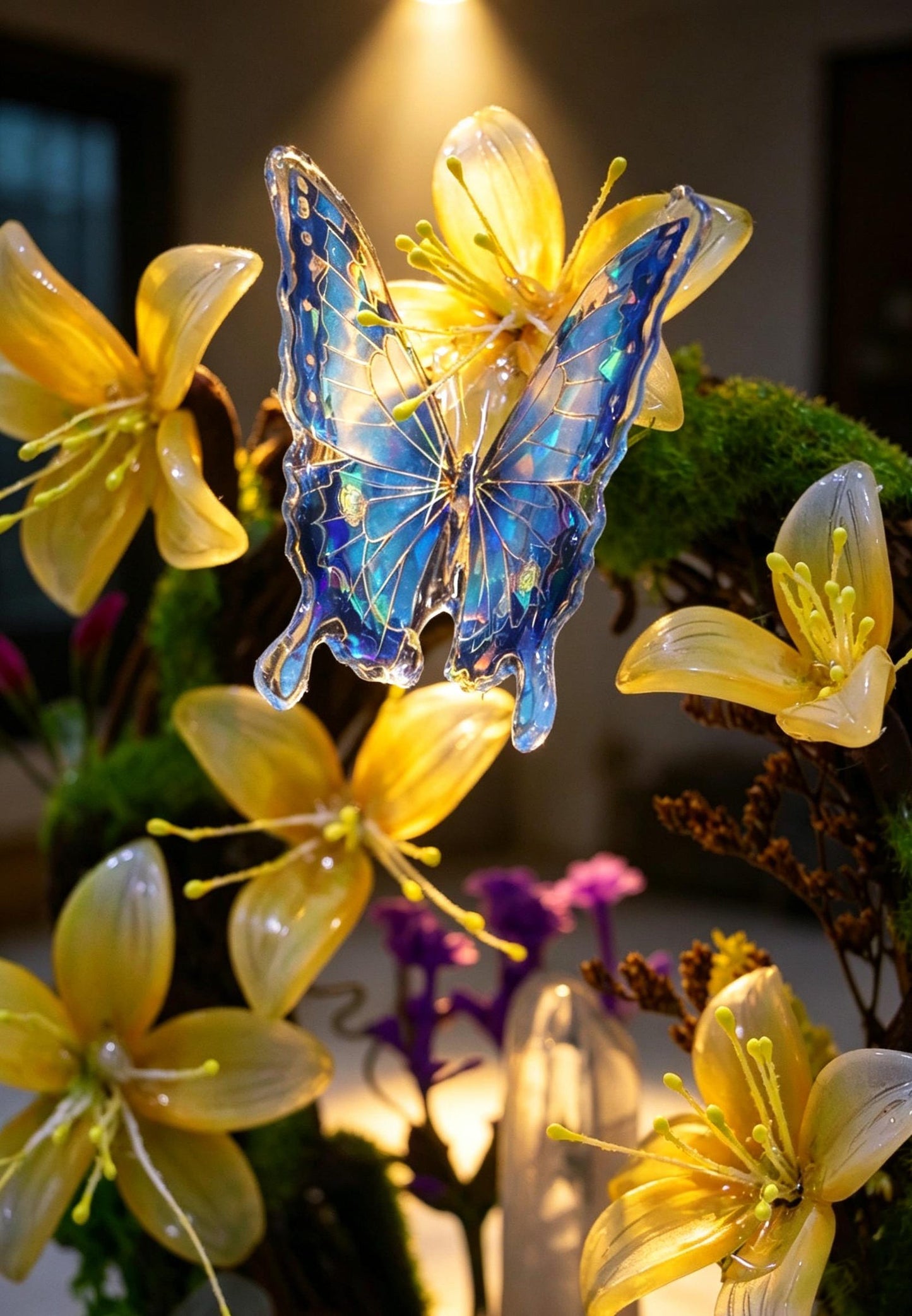 Blue Butterfly Wreath Quartz Crystal Night Light, Flower Moss Forest Bedside Decor Lamp