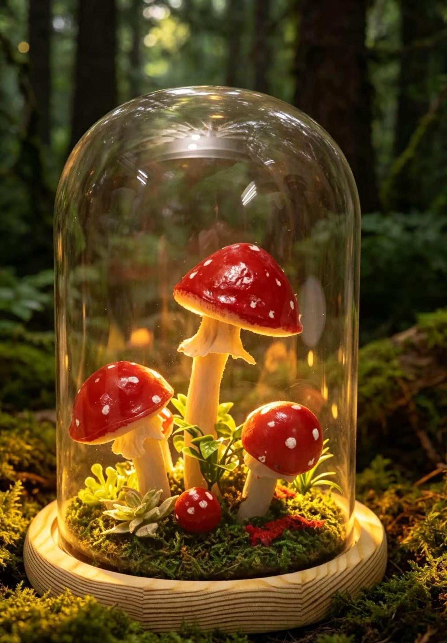 Amanita Muscaria Fly Agaric Glass Dome Mushroom Night Light, Moss Bedside Decor Lamp