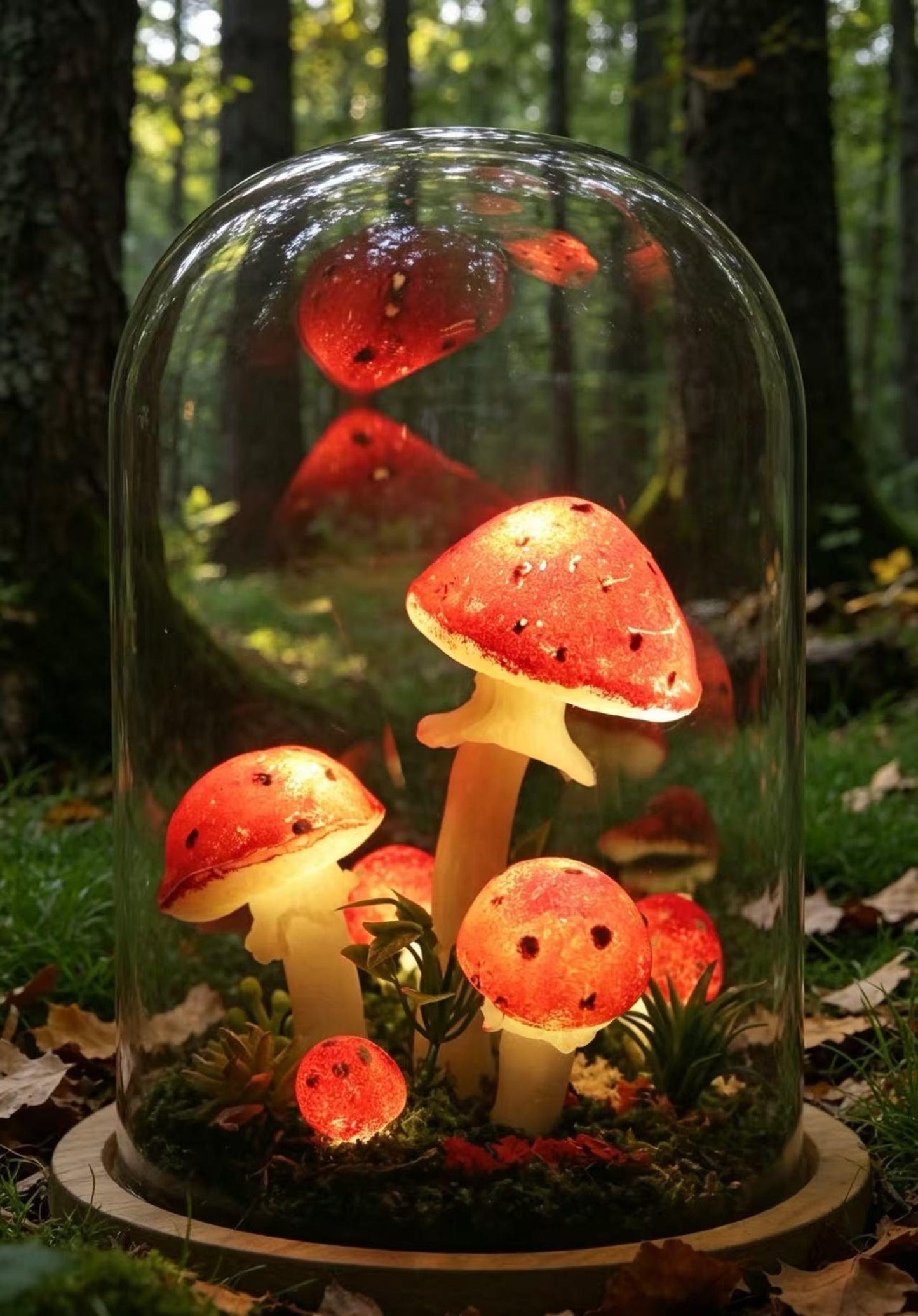 Amanita Muscaria Fly Agaric Glass Dome Mushroom Night Light, Moss Bedside Decor Lamp