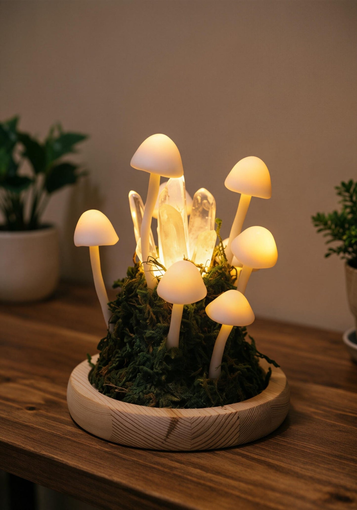 Quartz Crystal Forest Mushroom Night Light, Moss Woodland Bedside Decor Lamp