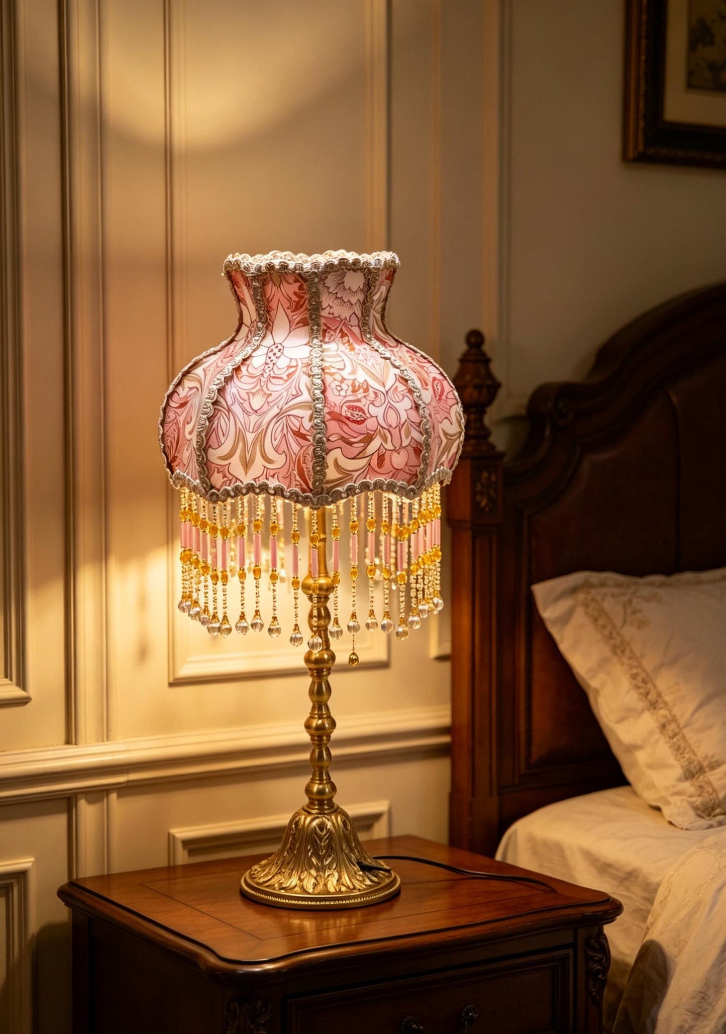 Vintage Pink Floral Beaded Table Lamp, Victorian Brass Accent Light