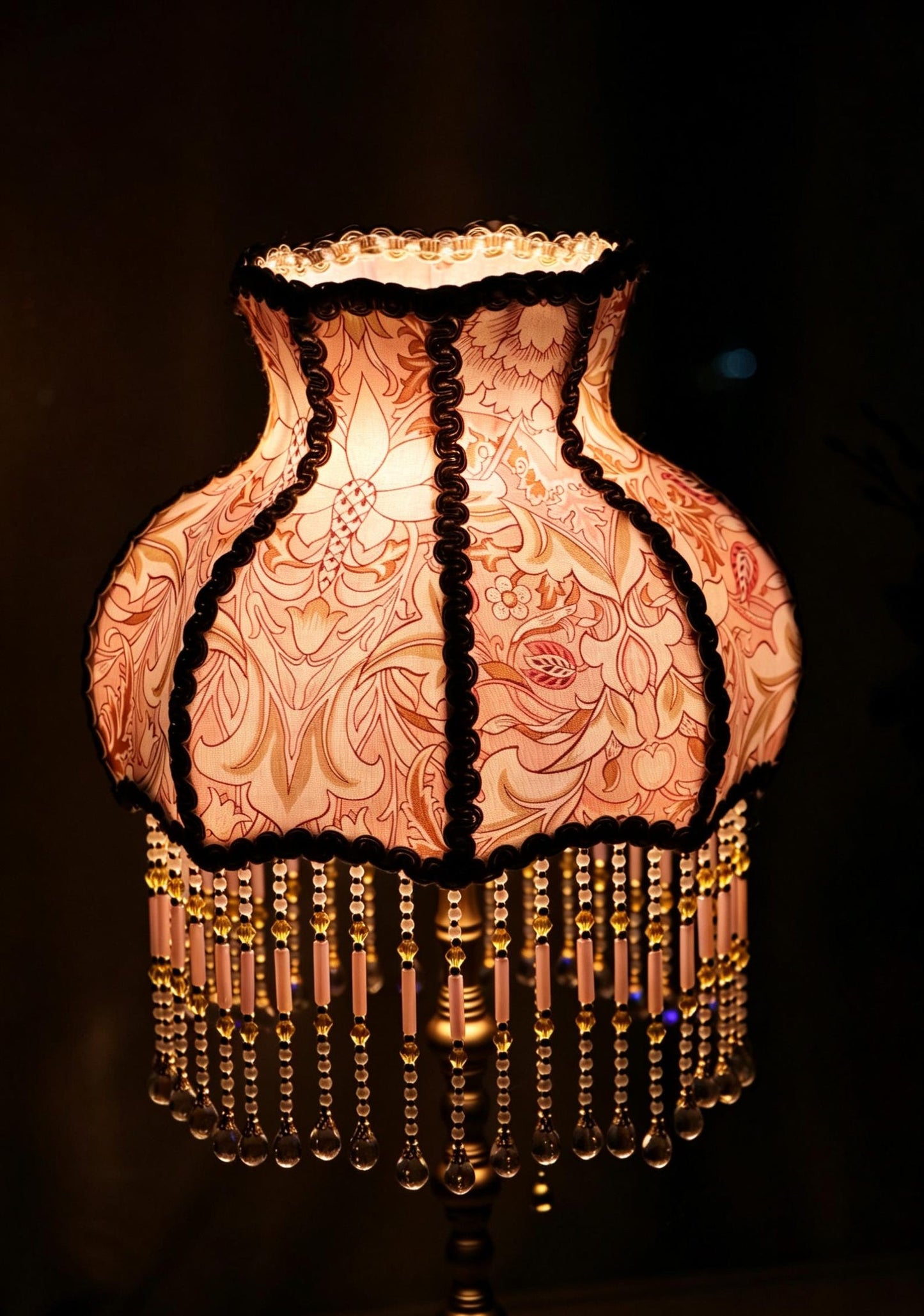 Vintage Pink Floral Beaded Table Lamp, Victorian Brass Accent Light
