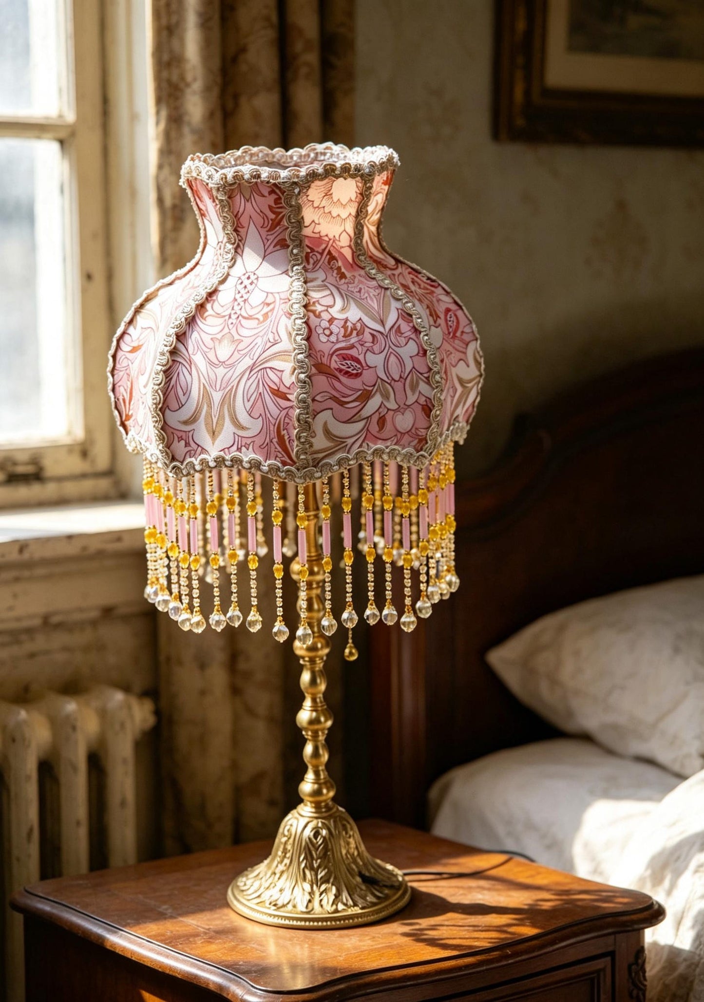 Vintage Pink Floral Beaded Table Lamp, Victorian Brass Accent Light