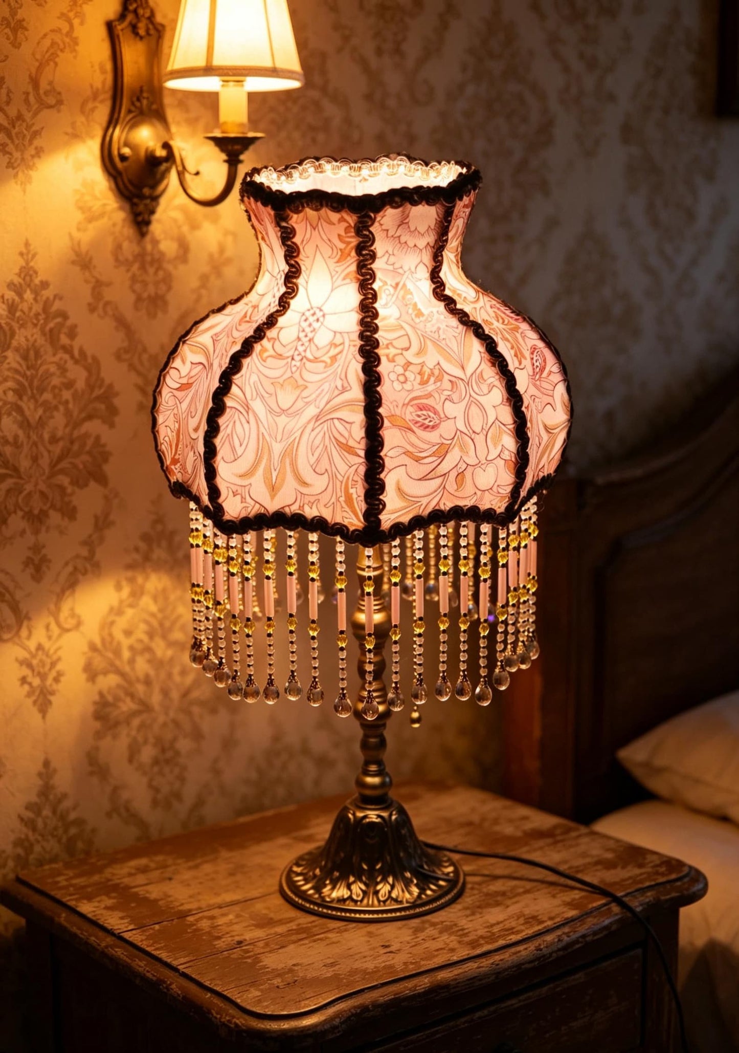 Vintage Pink Floral Beaded Table Lamp, Victorian Brass Accent Light