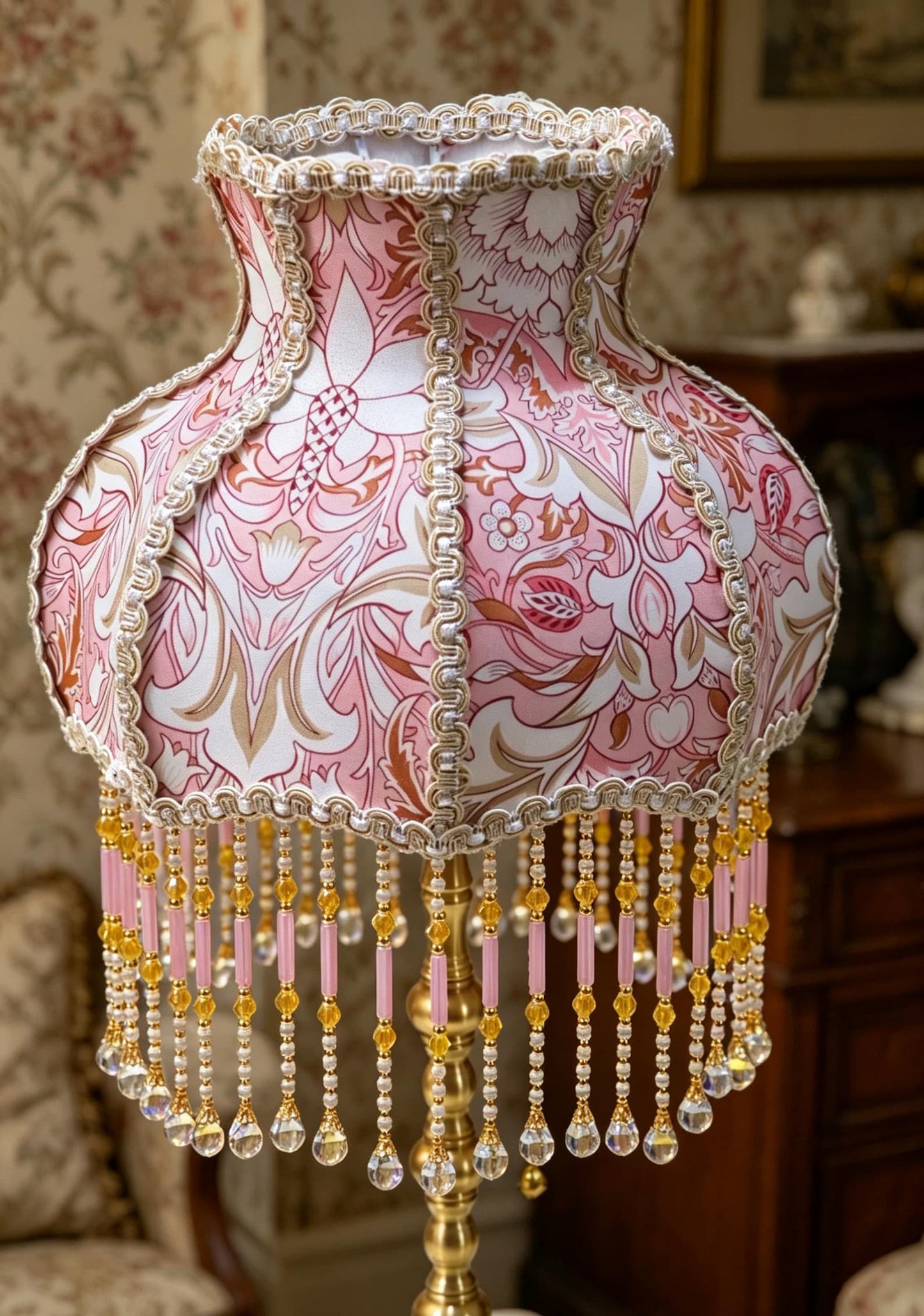 Vintage Pink Floral Beaded Table Lamp, Victorian Brass Accent Light