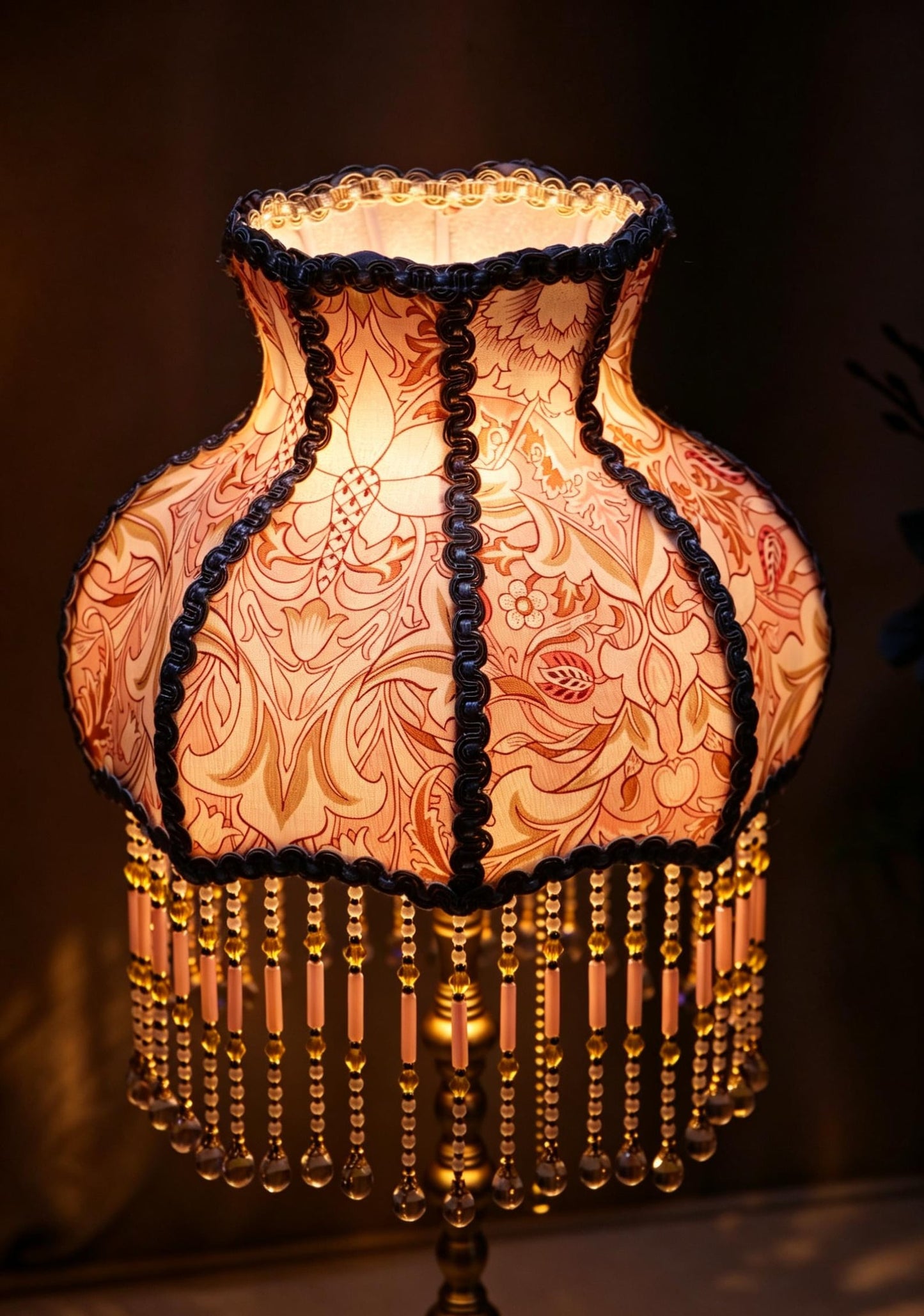 Vintage Pink Floral Beaded Table Lamp, Victorian Brass Accent Light
