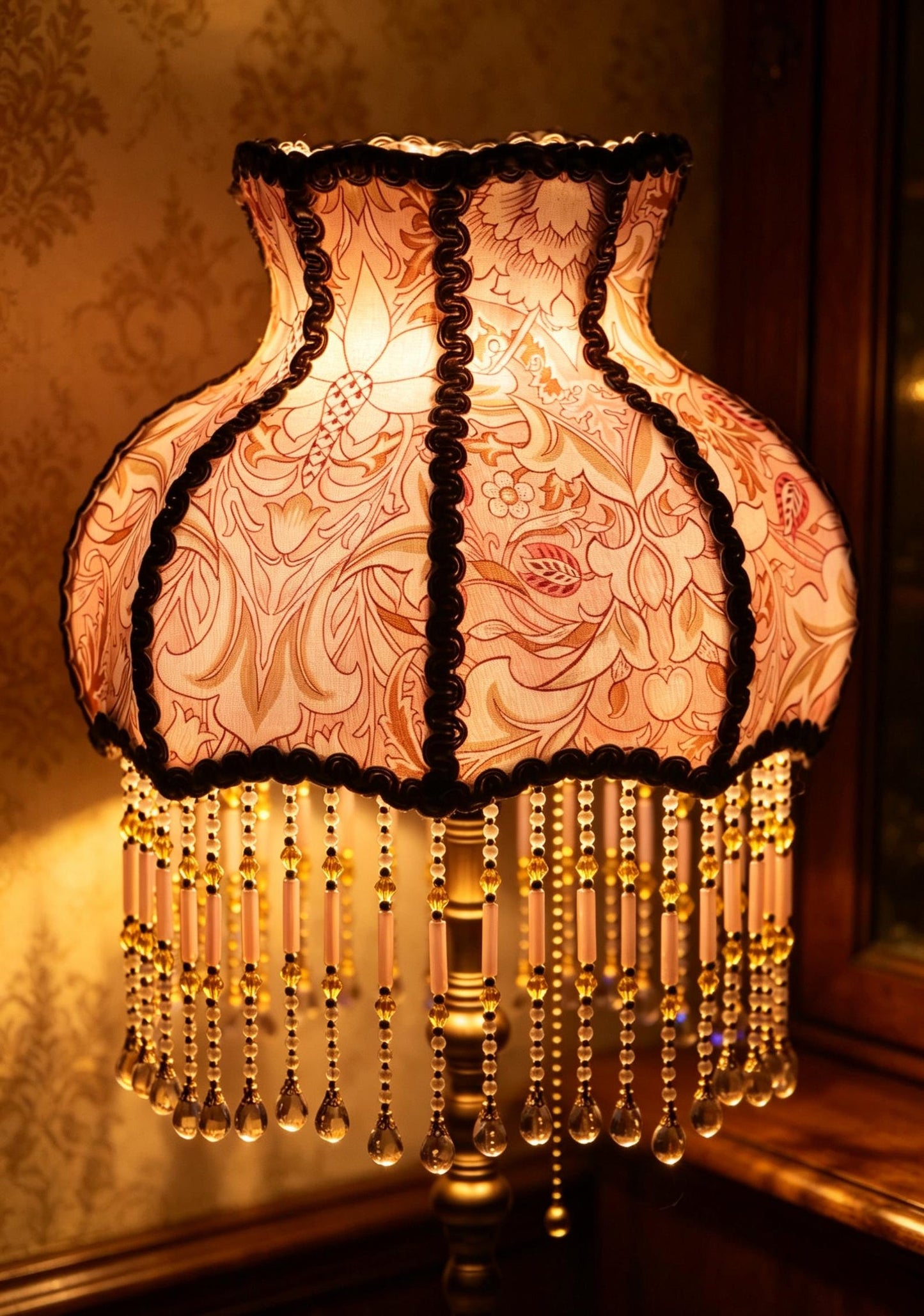 Vintage Pink Floral Beaded Table Lamp, Victorian Brass Accent Light