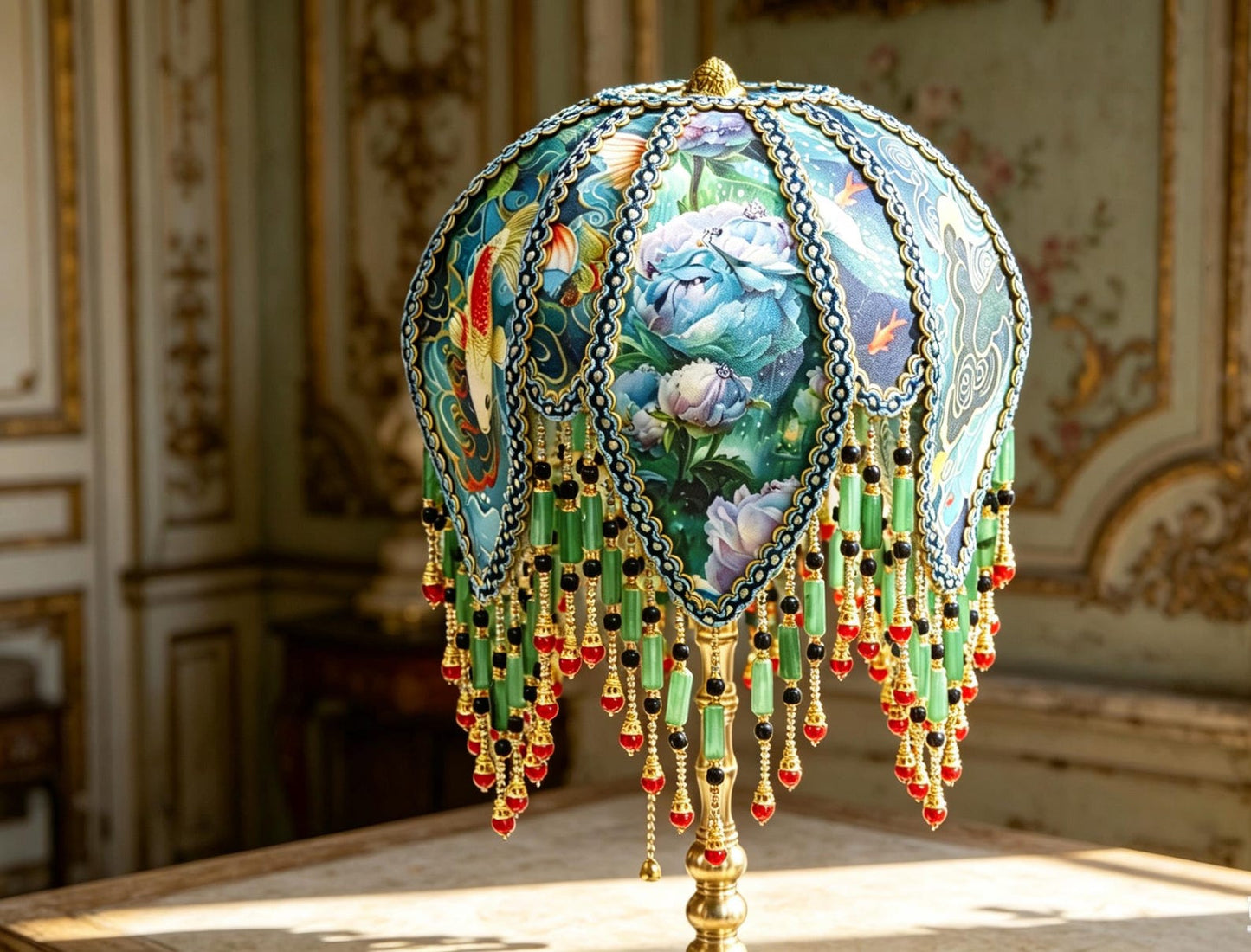 Vintage Koi Fish Beaded Lamp, Victorian Teal Floral Lampshade, Brass Base Accent Light