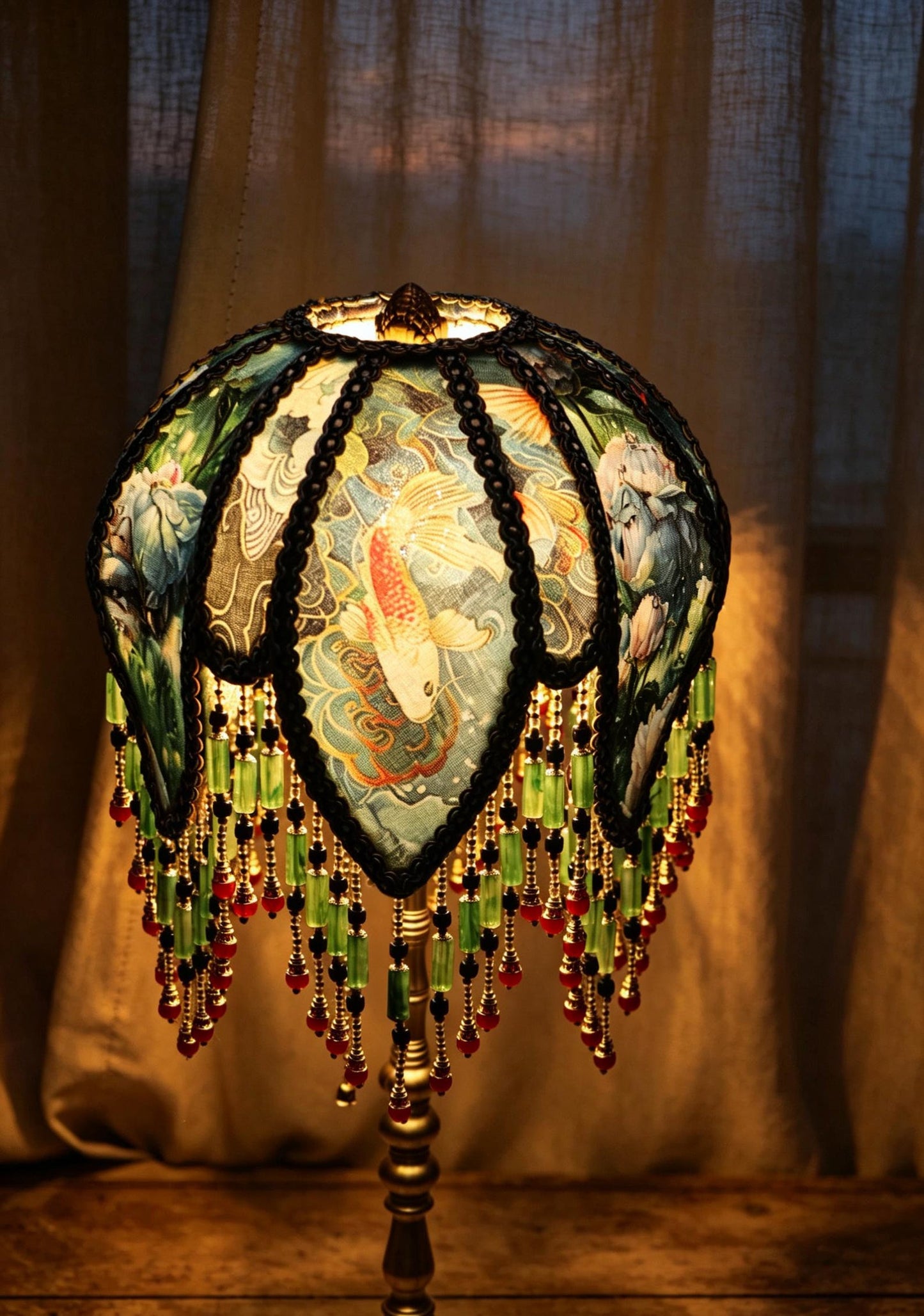 Vintage Koi Fish Beaded Lamp, Victorian Teal Floral Lampshade, Brass Base Accent Light