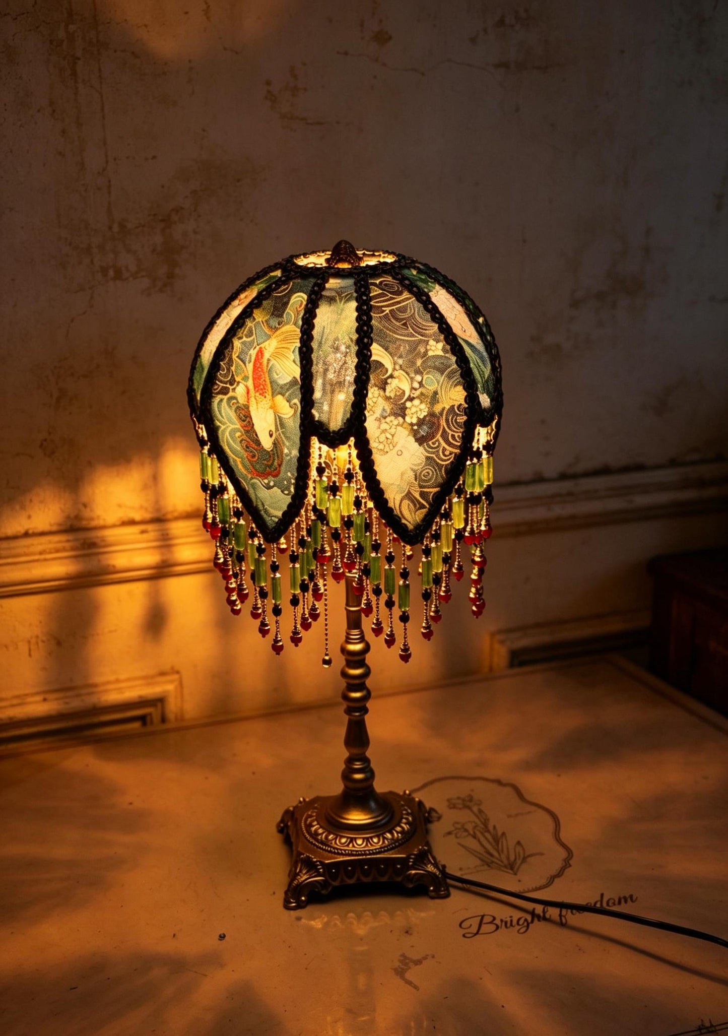 Vintage Koi Fish Beaded Lamp, Victorian Teal Floral Lampshade, Brass Base Accent Light
