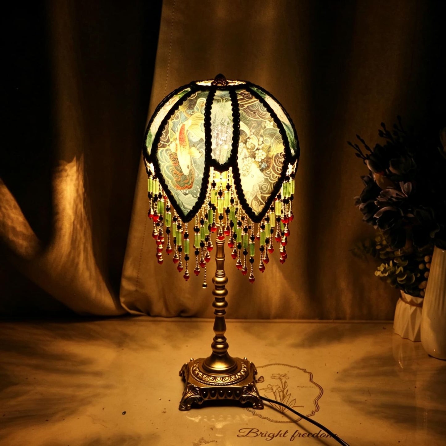 Vintage Koi Fish Beaded Lamp, Victorian Teal Floral Lampshade, Brass Base Accent Light