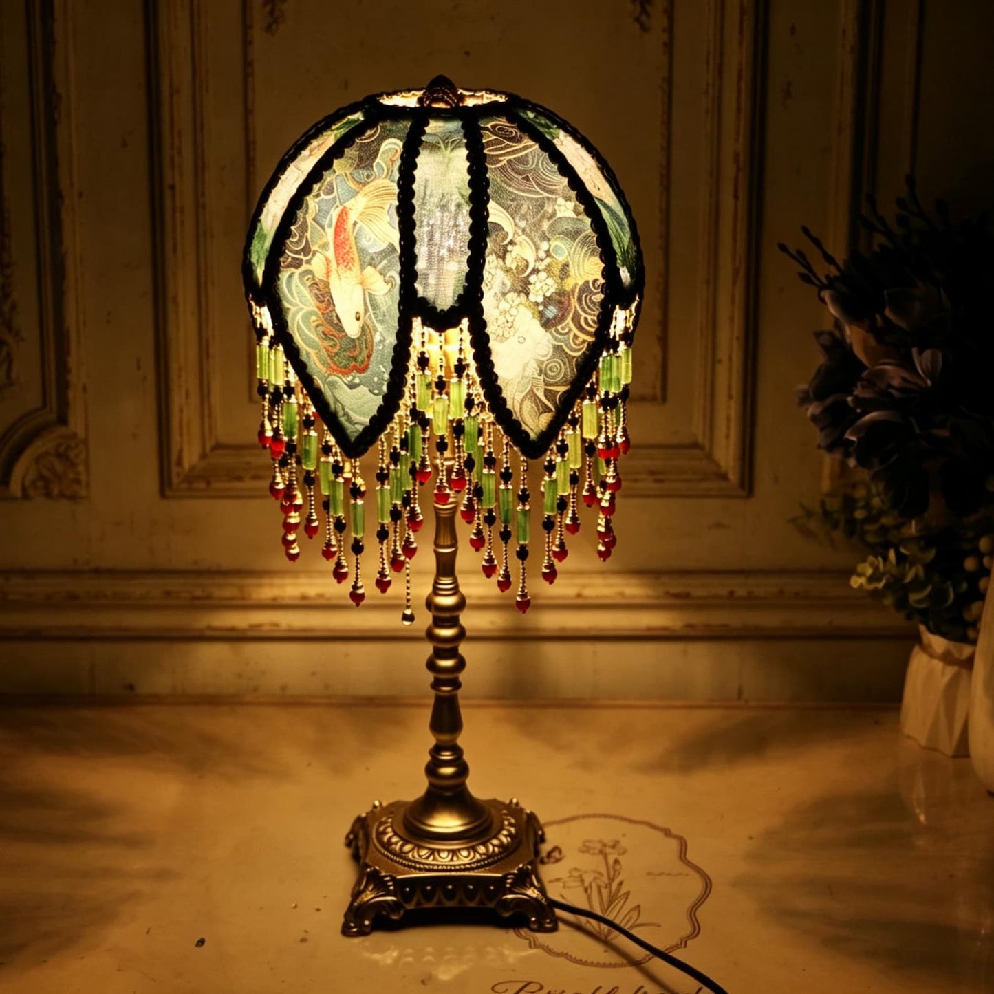 Vintage Koi Fish Beaded Lamp, Victorian Teal Floral Lampshade, Brass Base Accent Light