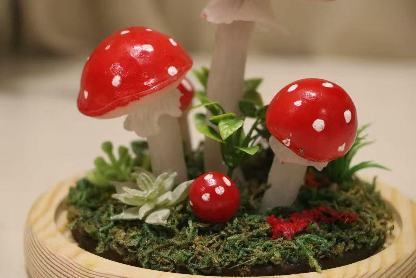 Amanita Muscaria Fly Agaric Glass Dome Mushroom Night Light, Moss Bedside Decor Lamp