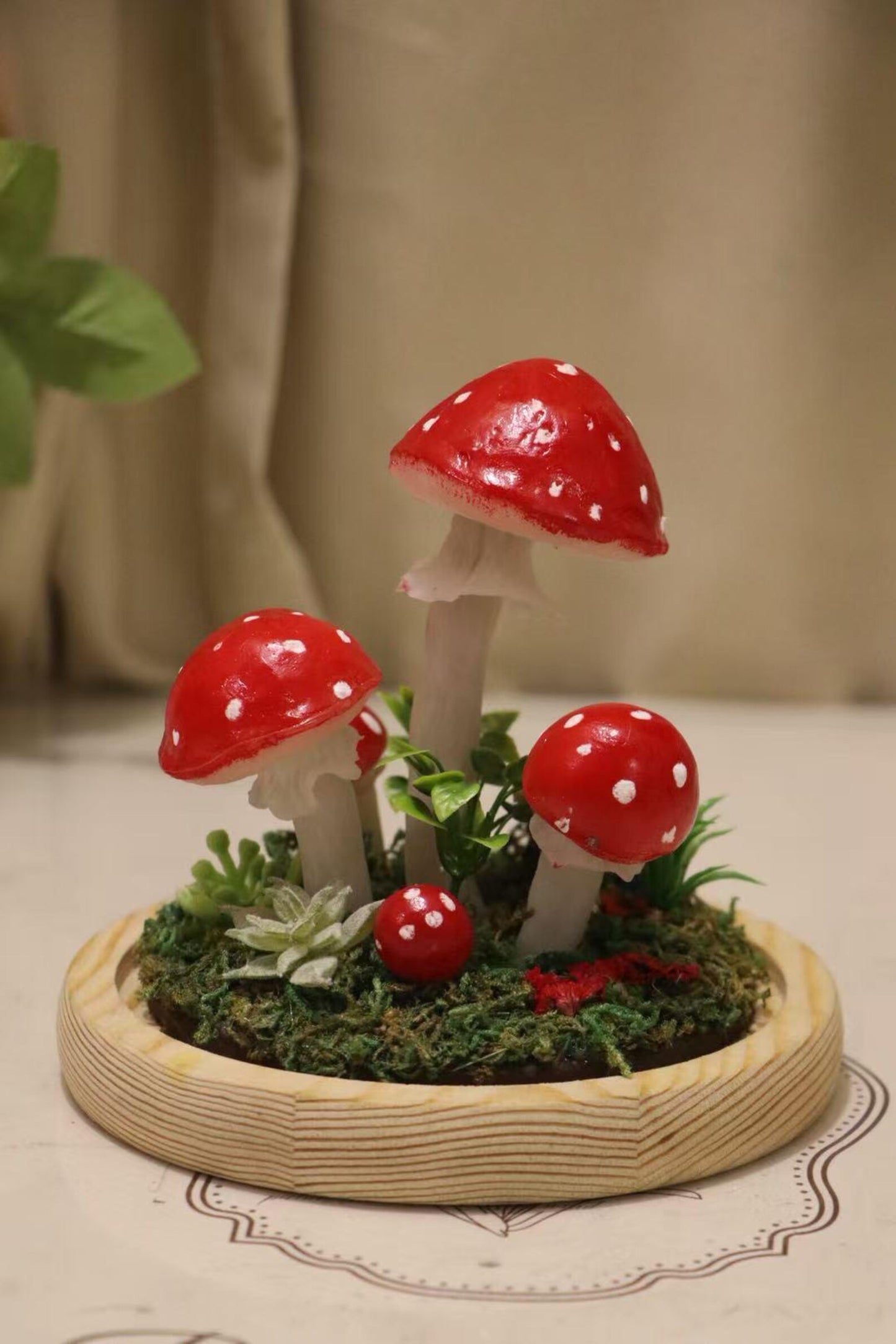 Amanita Muscaria Fly Agaric Glass Dome Mushroom Night Light, Moss Bedside Decor Lamp